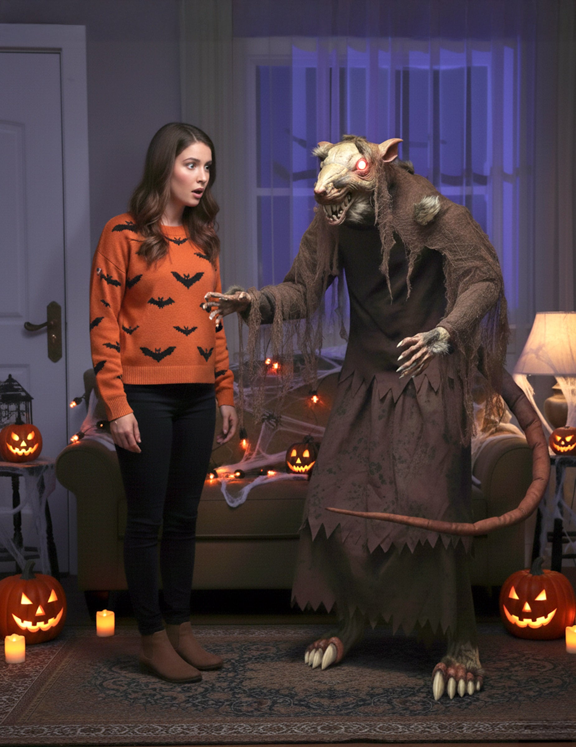 Décoration animée rat terrifiant yeux rouges pour Halloween marron avec mouvements et lumières
