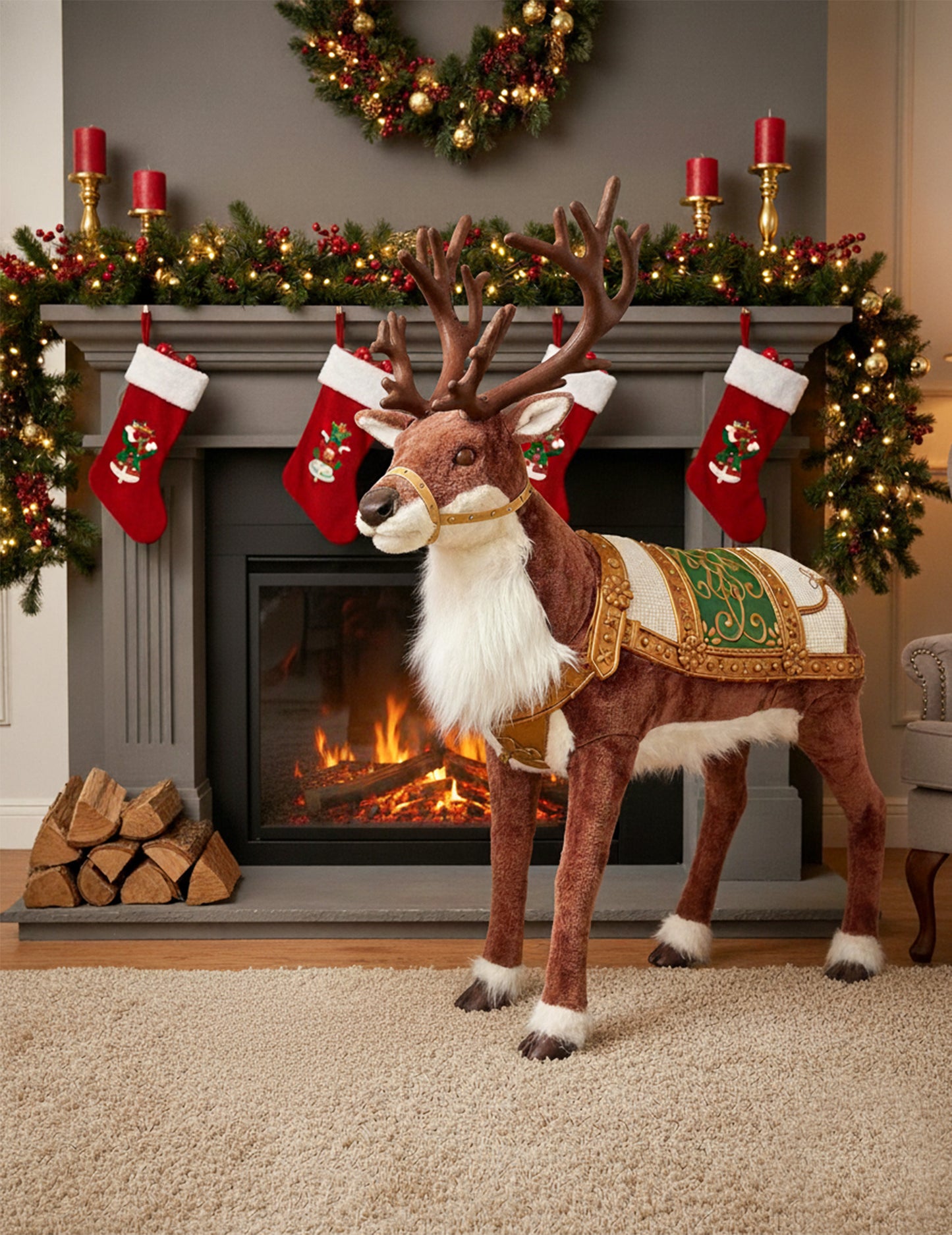 Animált karácsonyi rénszarvas dekoráció hanggal és mozgással 143 cm