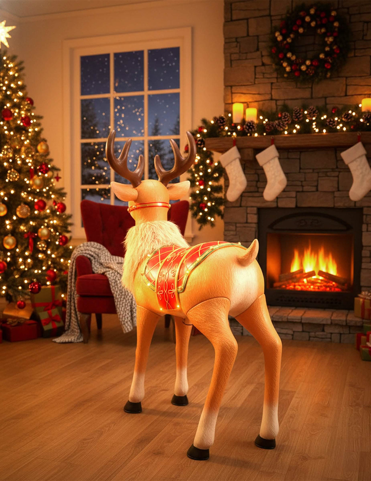 Vue de dos de la décoration animée Renne fantaisiste de Noël