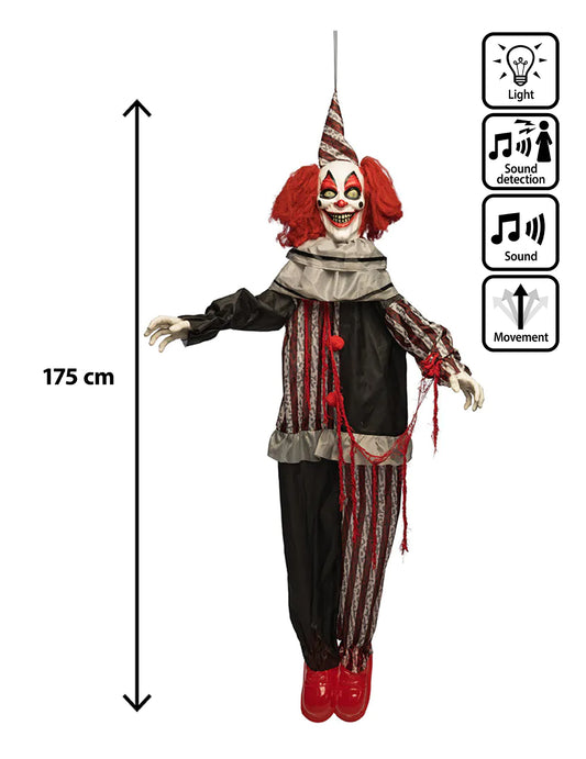 Felfüggeszthető animált gonosz bohóc dekoráció nevetéssel és mozgással 175 cm