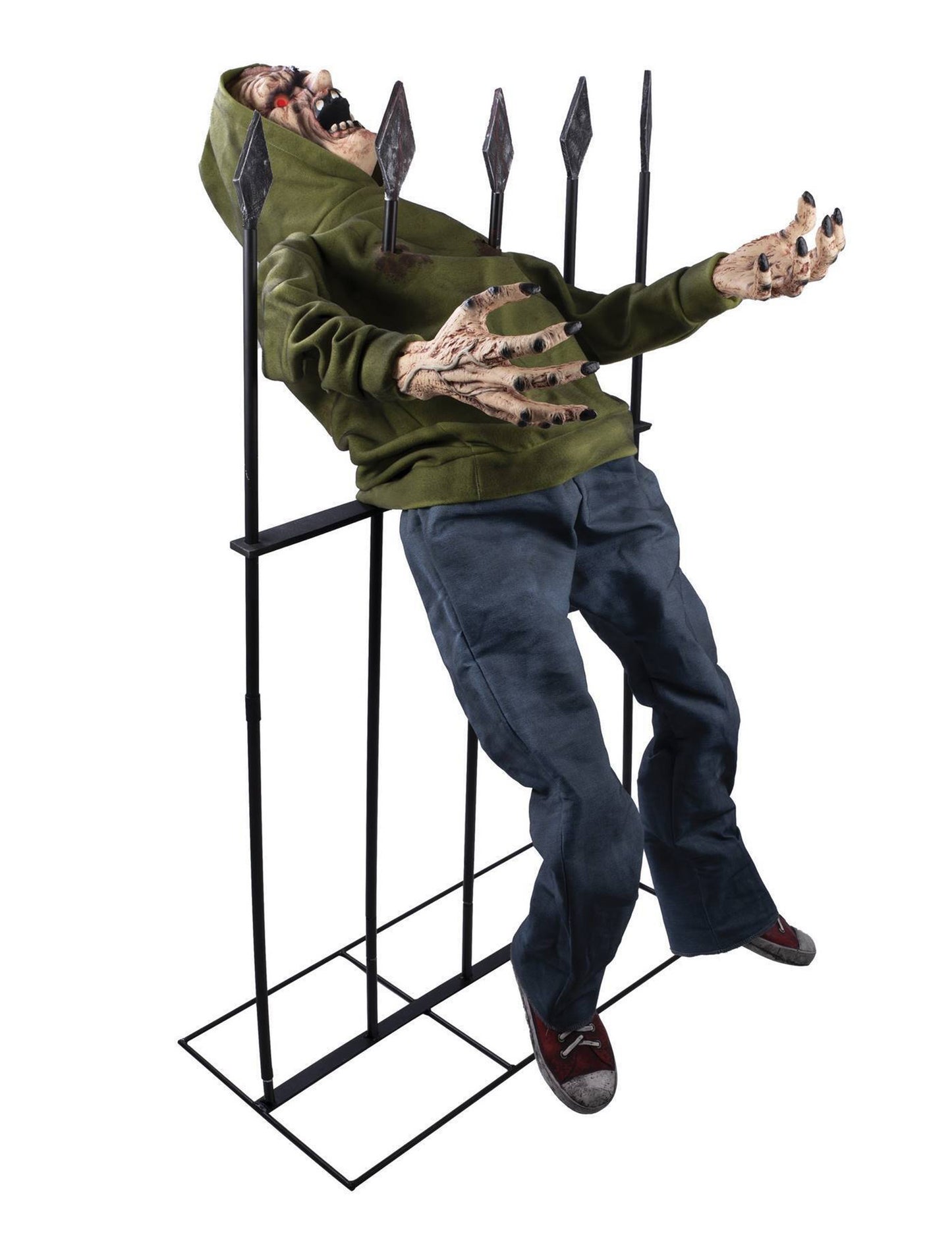 Animált zombi átkaróba karózott dekoráció hang- és fényeffektekkel 140 cm