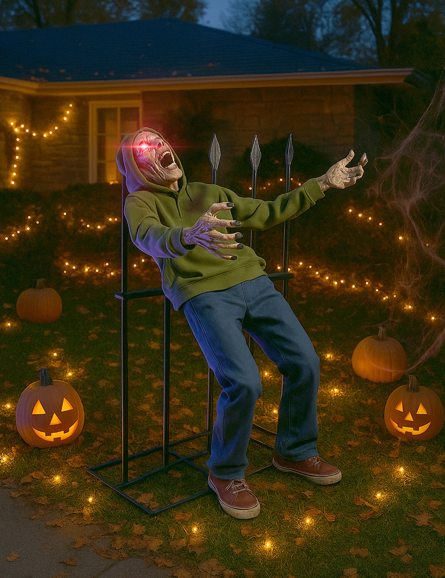 Animált zombi átkaróba karózott dekoráció hang- és fényeffektekkel 140 cm