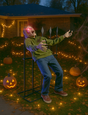 Animált zombi átkaróba karózott dekoráció hang- és fényeffektekkel 140 cm