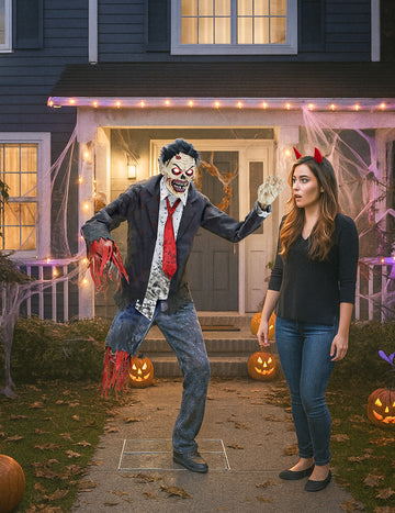 Animált, törött zombi dekoráció csuklós karokkal, hanggal és fényekkel, 1,8 m