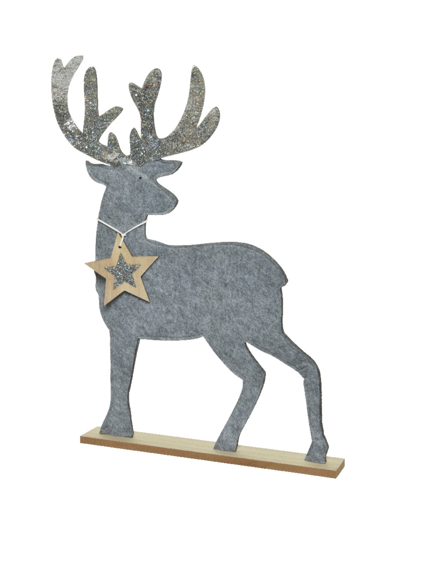 Ezüst csillámos szarvas dekoráció 40 cm egy fa alapon