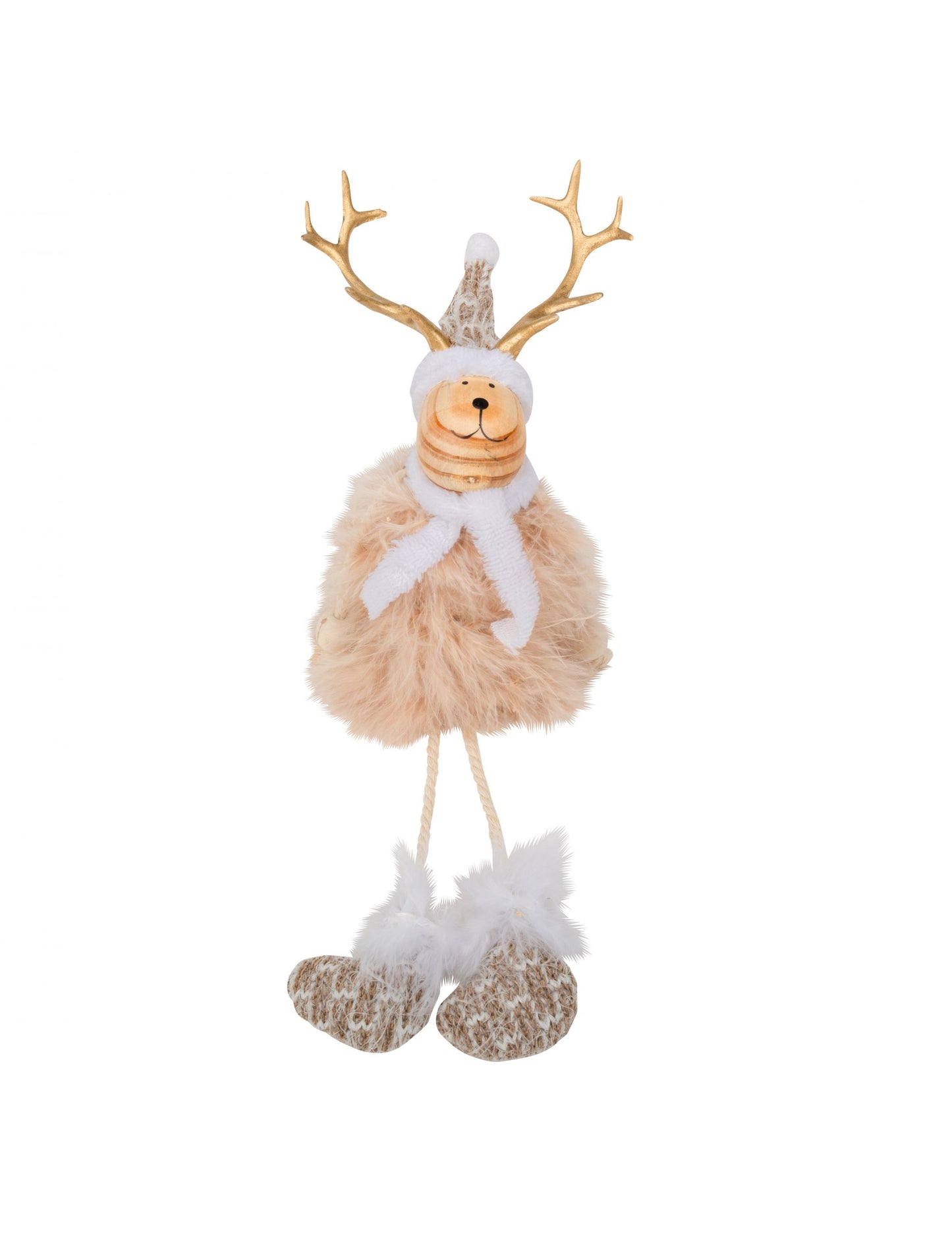 Fa dekoráció szarvas formában, szőrmével, 15,5 cm 