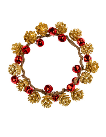 Fenyőtoboz koszorú dísz csengőkkel, 13 cm, sodrott fából