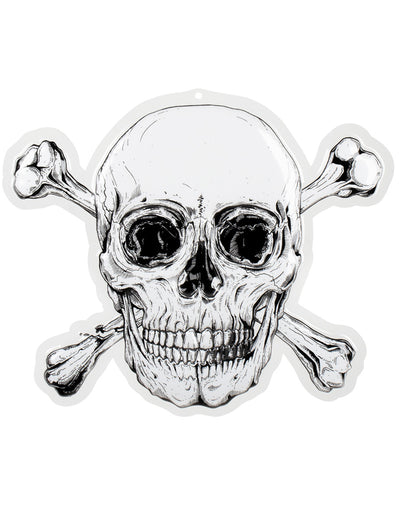 Décoration murale en plastique Pirate Jolly Roger blanc et noir avec crâne et os croisés