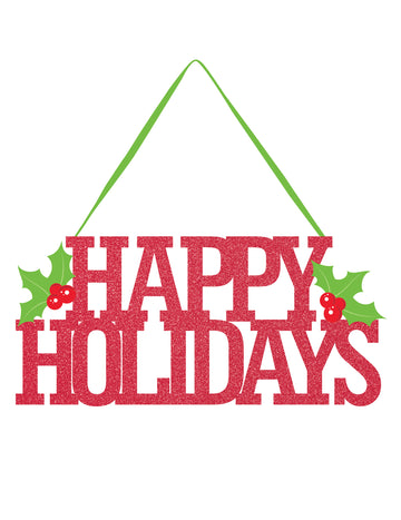 Boldog Ünnepeket ajtódísz, piros csillámpor, 33 cm