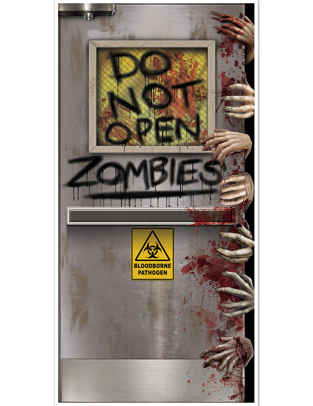 Décoration de porte laboratoire zombie grise avec mains ensanglantées et message Do Not Open
