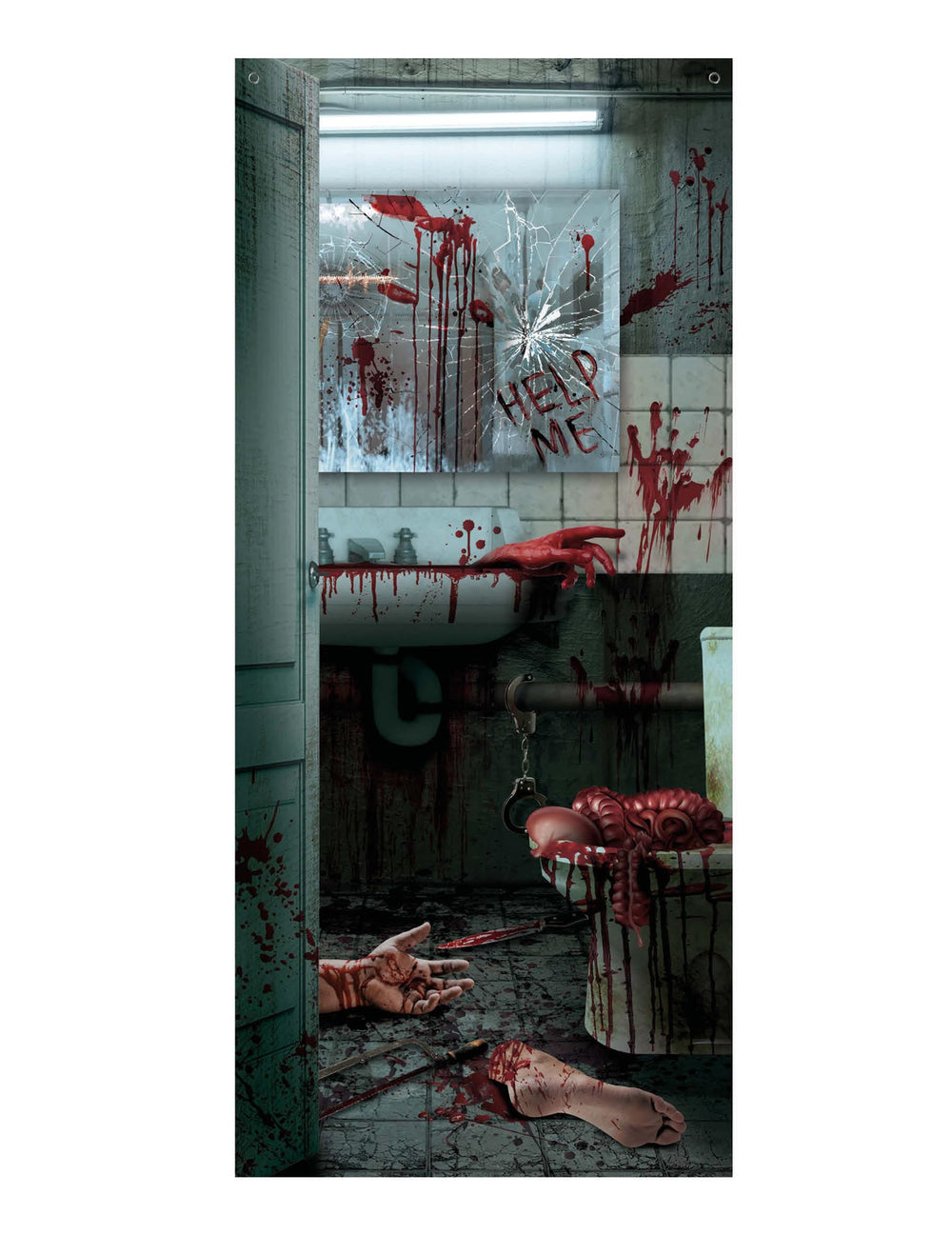 Décoration de porte toilettes sanglantes pour Halloween avec membres coupés et sang
