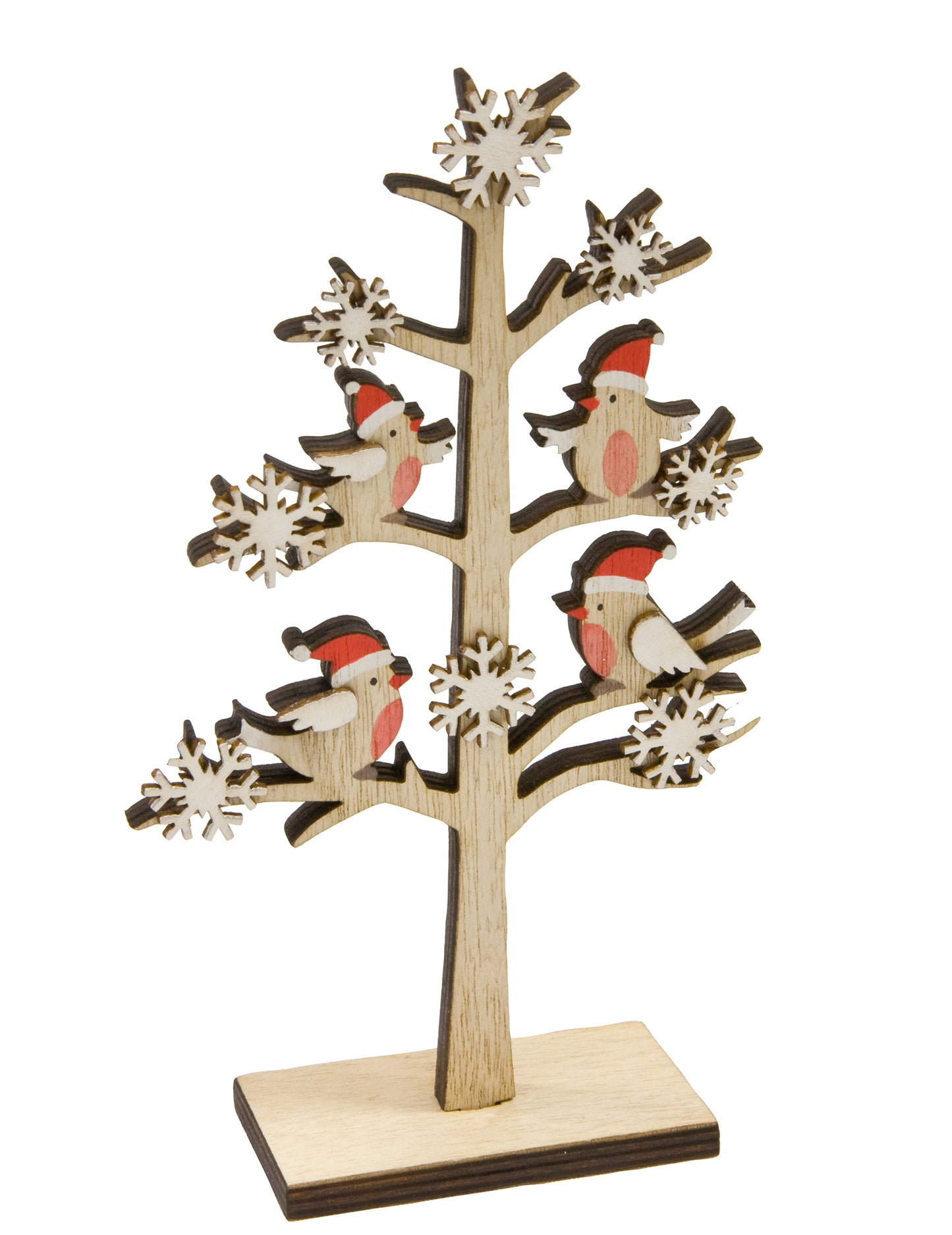 Fa karácsonyfadísz ülő madarakkal és karácsonyi hópelyhekkel 18 x 11 x 4 cm
