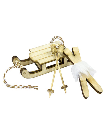 Szánkó és síléc pár fa dekoráció, 7,8 x 3 cm karácsonyra