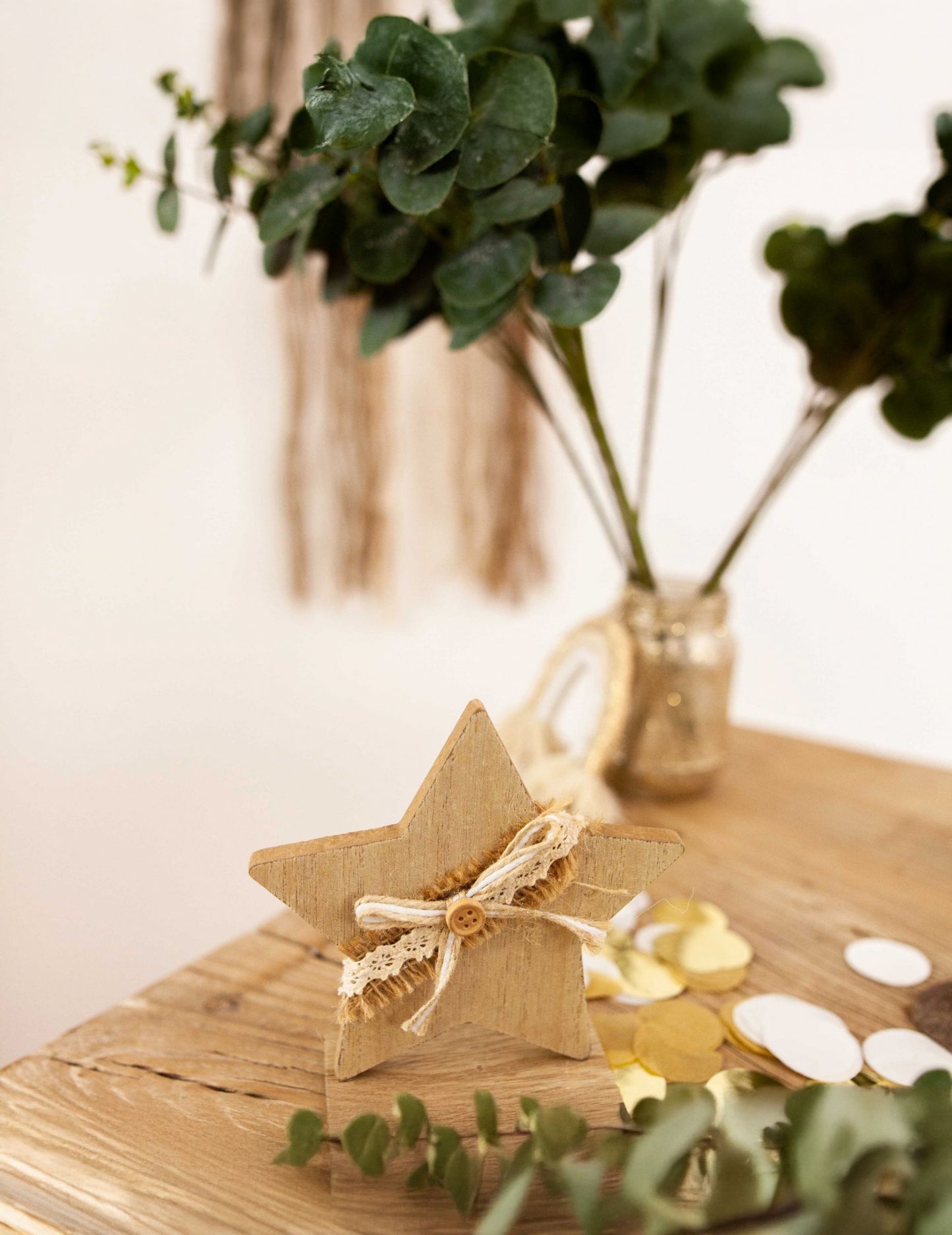 Fa dekoráció csillag juta és csipke 13 cm 