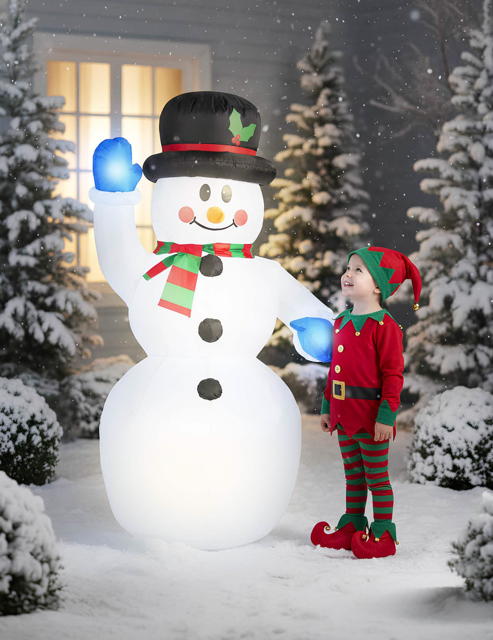 Décoration gonflable lumineuse bonhomme de neige pour jardin blanc avec chapeau noir et moufles bleues