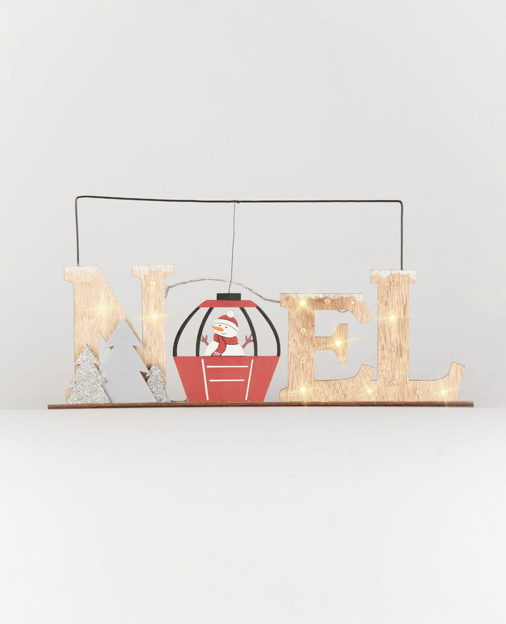 Décoration lumineuse Noël en bois avec bonhomme de neige et télécabine rouge