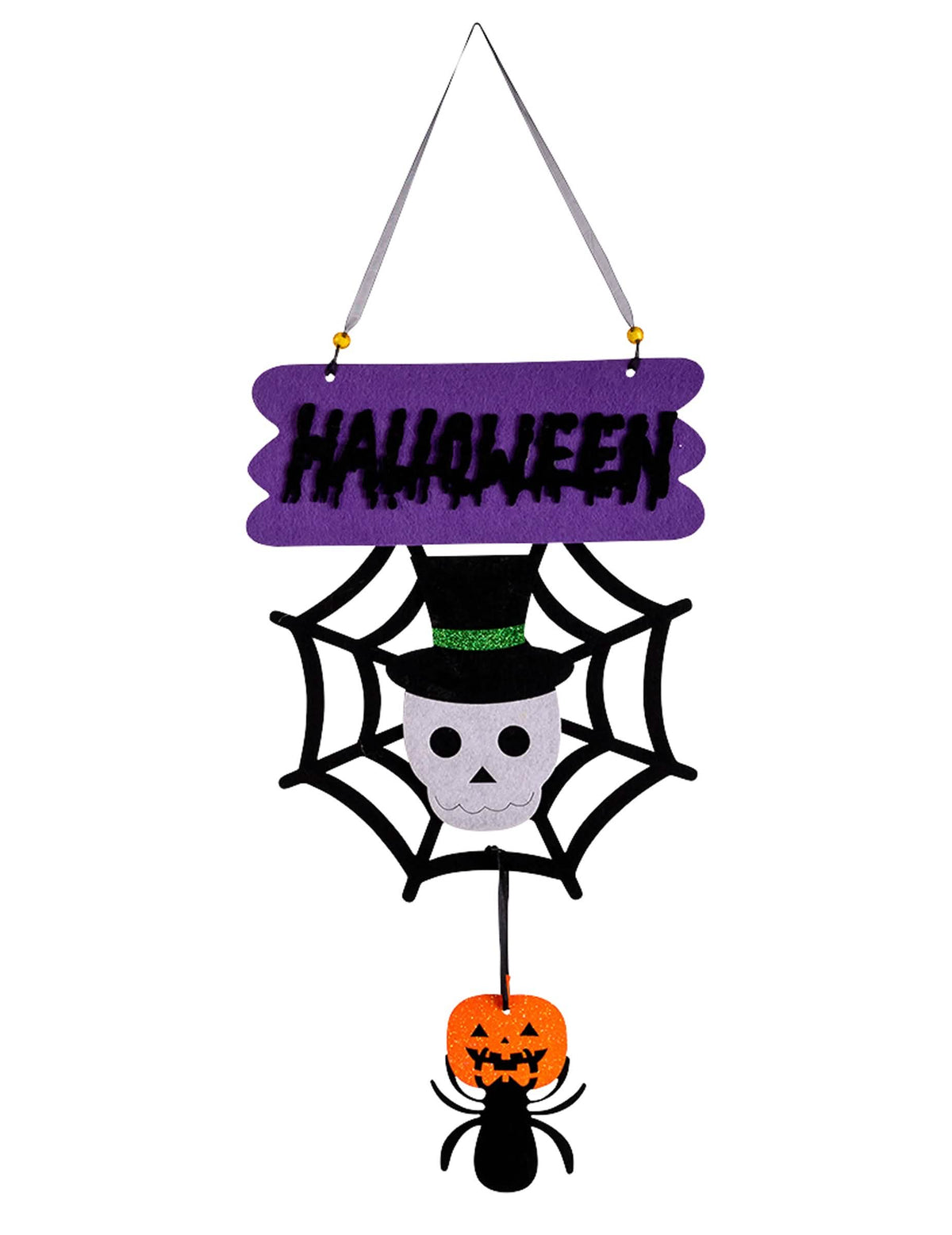Halloween-i dekoráció kis csontváz lila és fekete színben, pókhálóval és tökkel