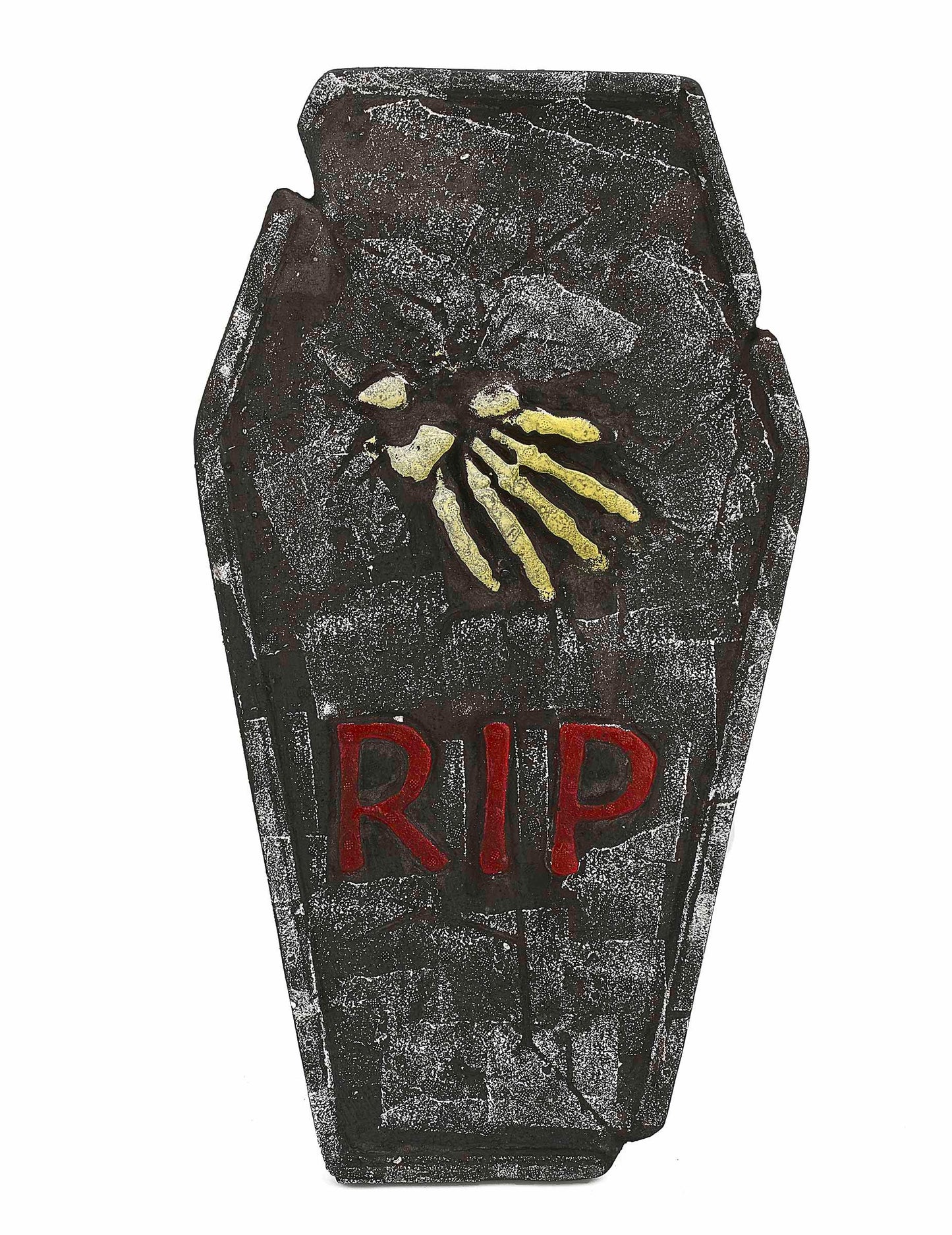 Décoration pierre tombale Halloween noir et gris avec main de squelette et inscription RIP rouge