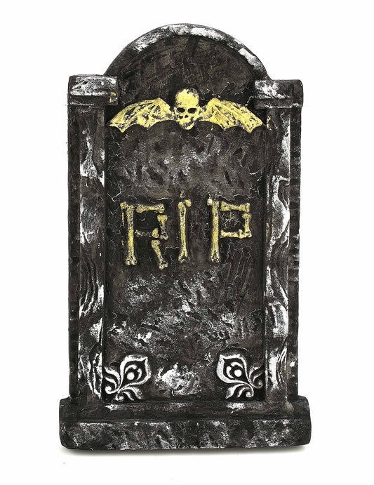 Décoration pierre tombale Halloween grise et dorée avec crâne ailé et inscription RIP