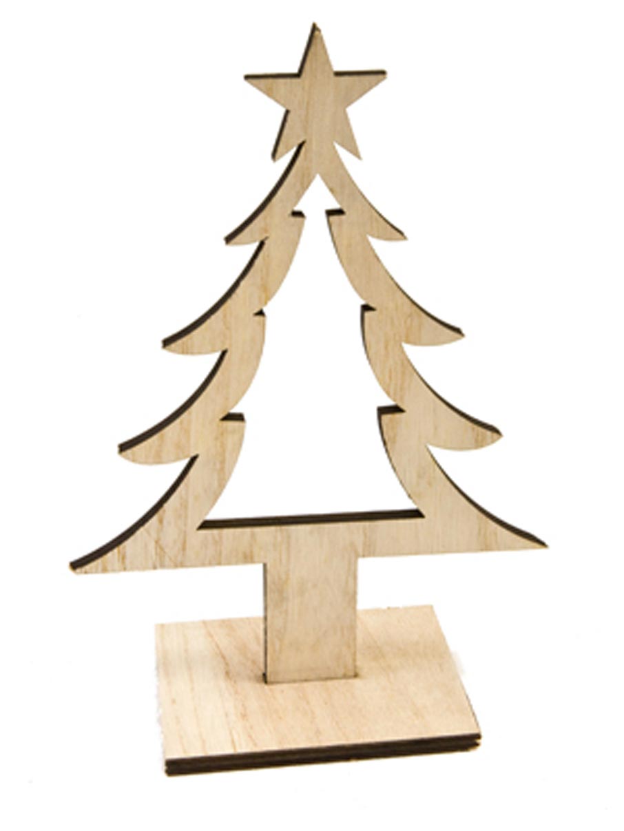Décoration sapin de Noël en bois naturel avec étoile sur socle