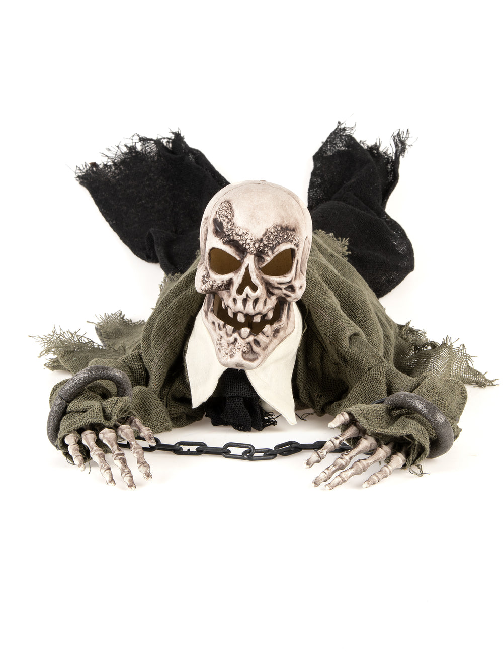 Décoration squelette animée lumineuse et sonore pour Halloween rampant avec chaînes vert et noir