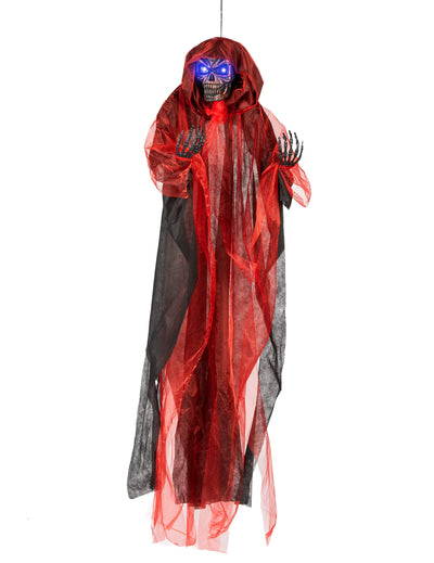 Décoration suspendue Démon pour Halloween rouge et noir avec yeux lumineux bleus