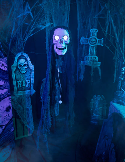 Világító és hangos animált koponya dekoráció 70 cm