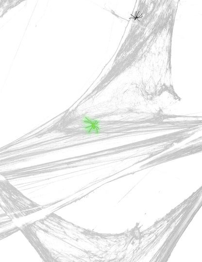 Közelkép a zöld pókról a Halloween pók háló dekorációban