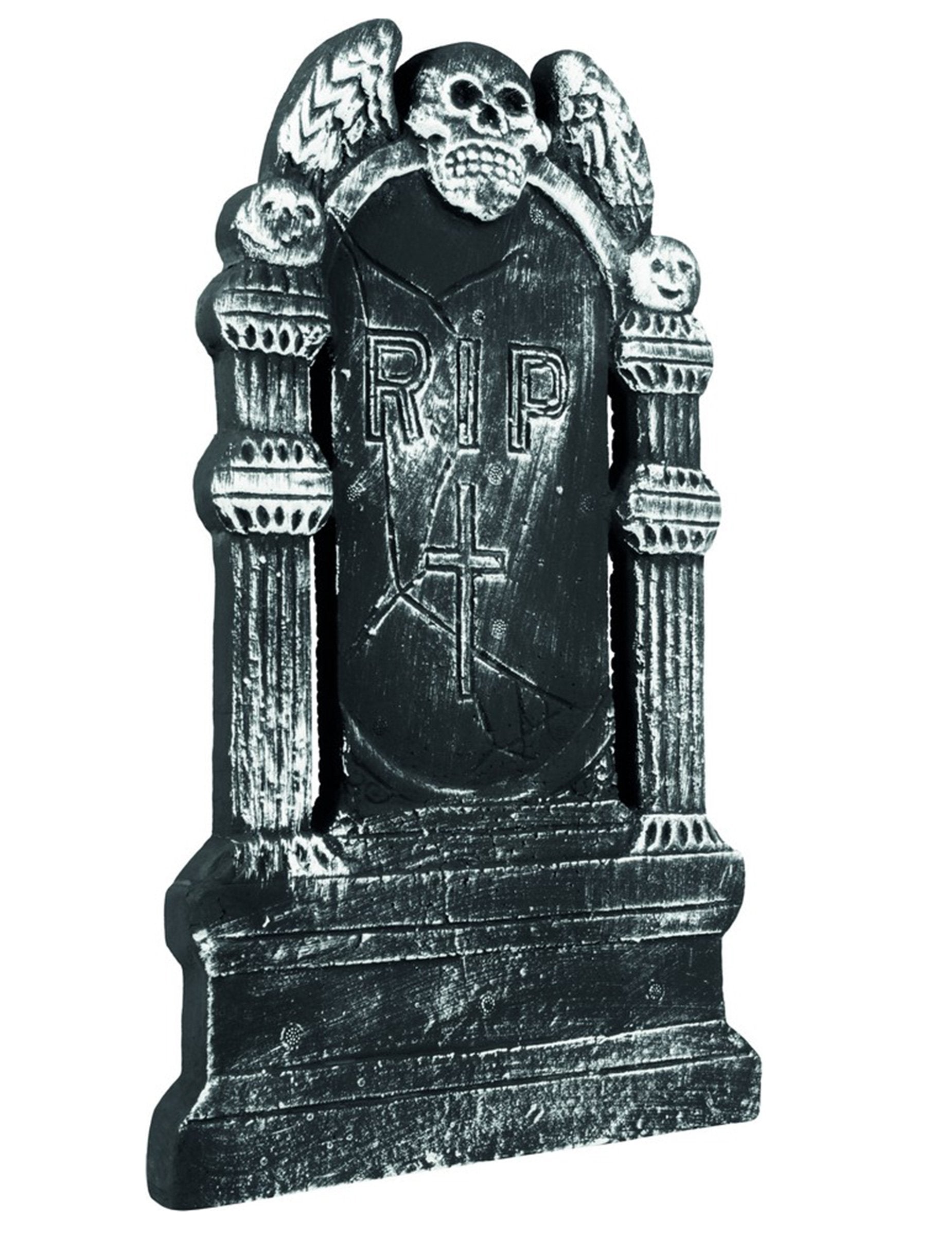 Halloween-i szürke és fekete koporsó dekoráció koponyával és RIP felirattal