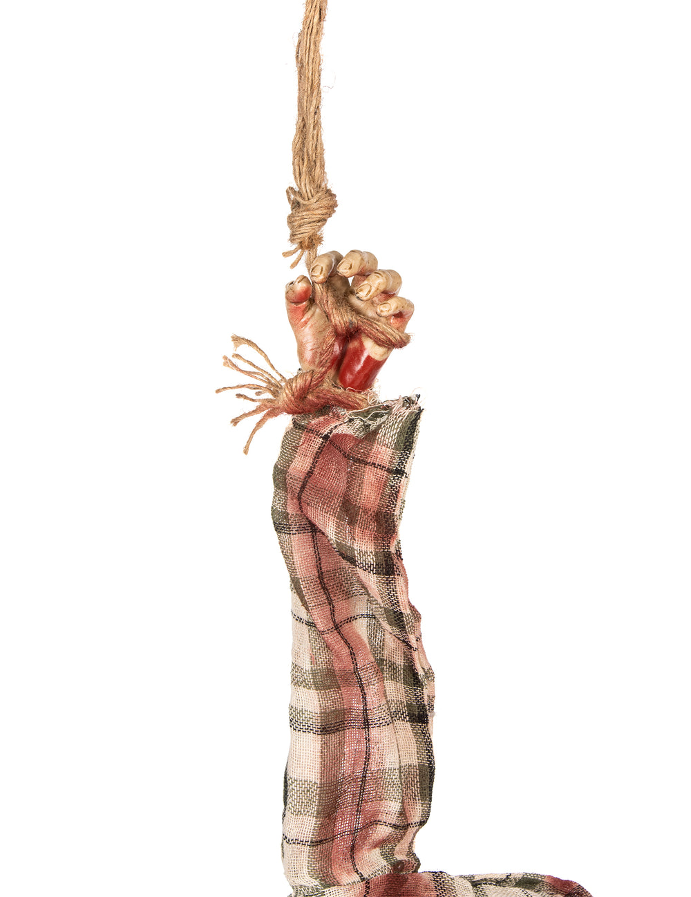Détail de la main suspendue par une corde de la décoration torse de zombie pour Halloween