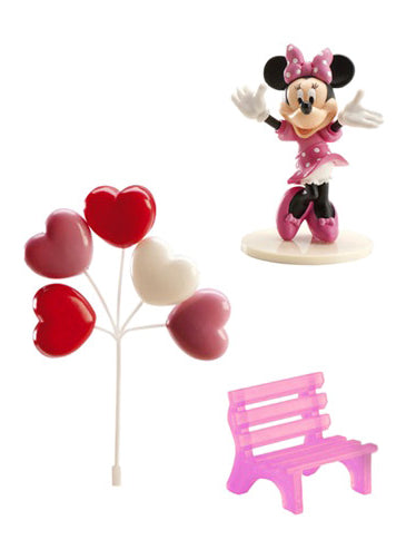 Kit de décorations gâteaux Minnie avec figurine banc rose et ballons coeurs