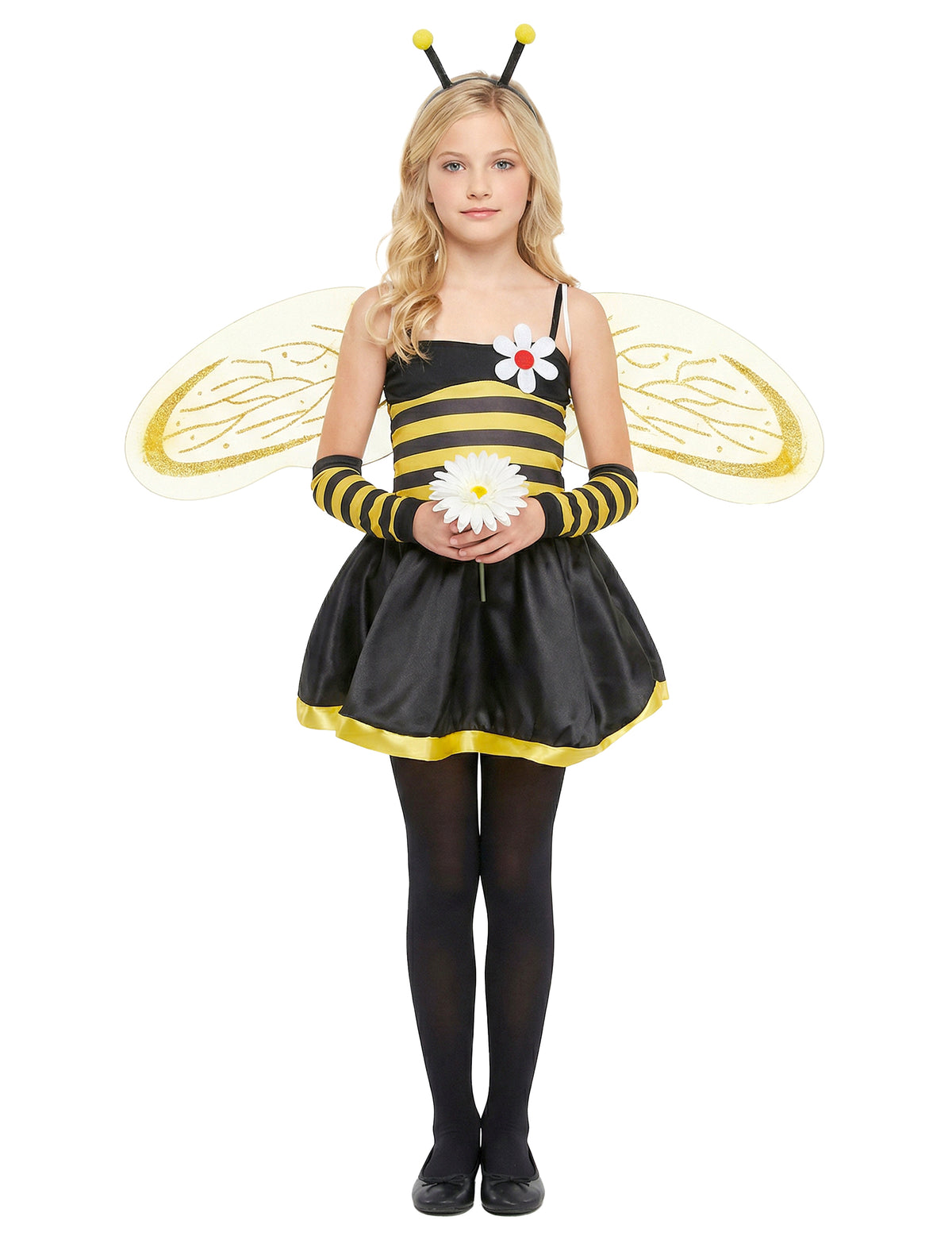 Détail de la fleur tenue avec le déguisement d'abeille pour fille