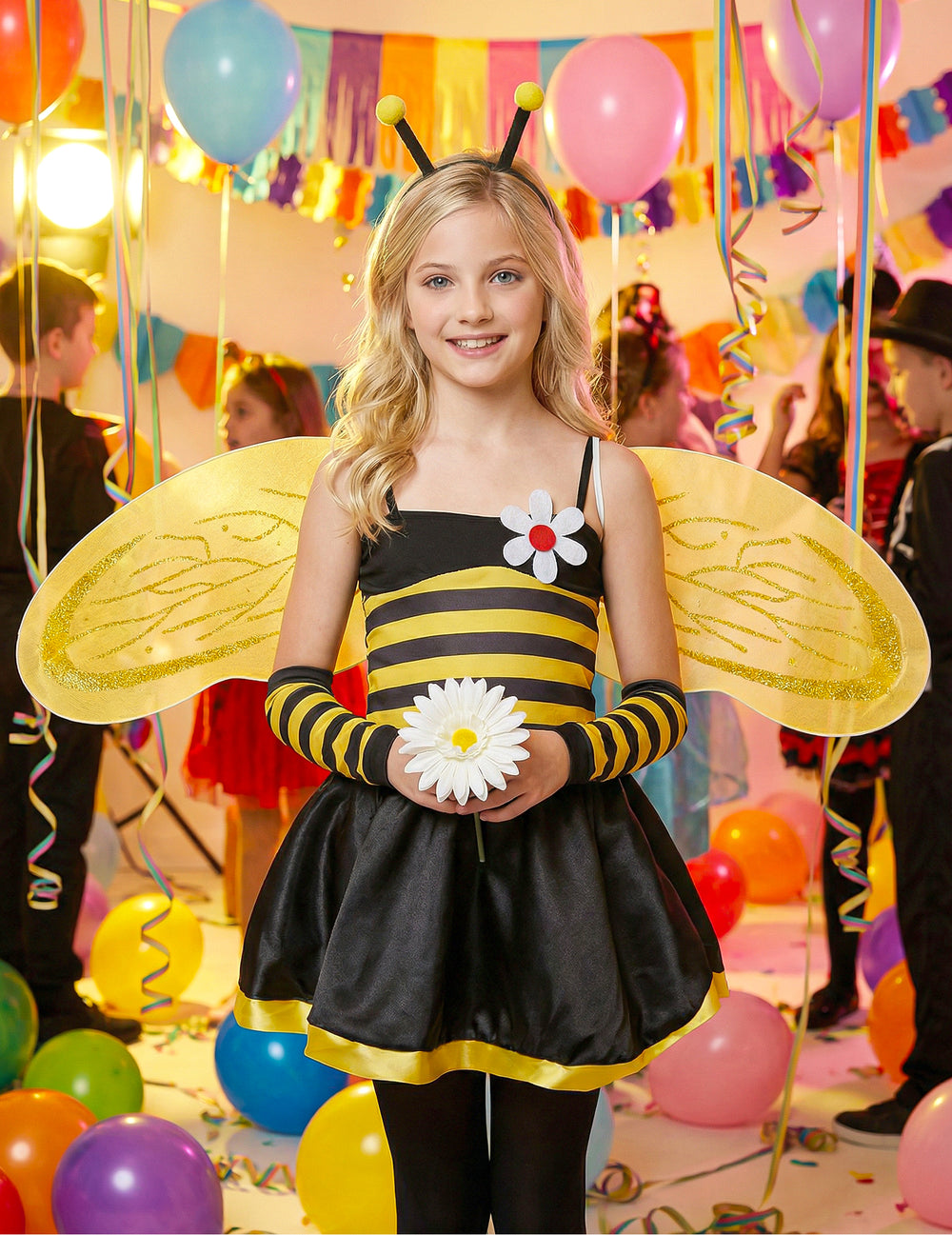 Mise en situation festive du déguisement d'abeille pour fille