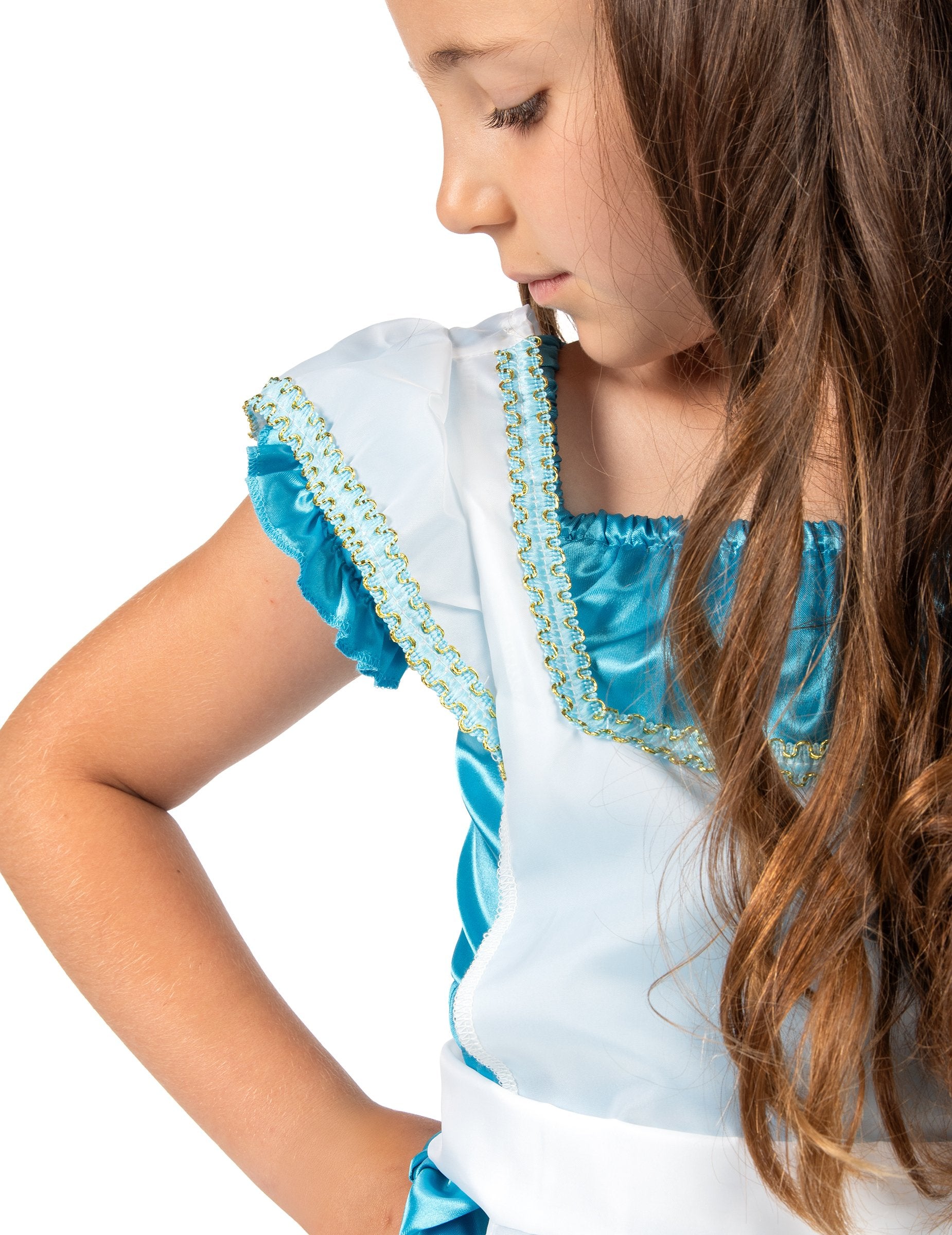 Részlet a vállról és az arany díszítésekről az Alice jelmez lányoknak