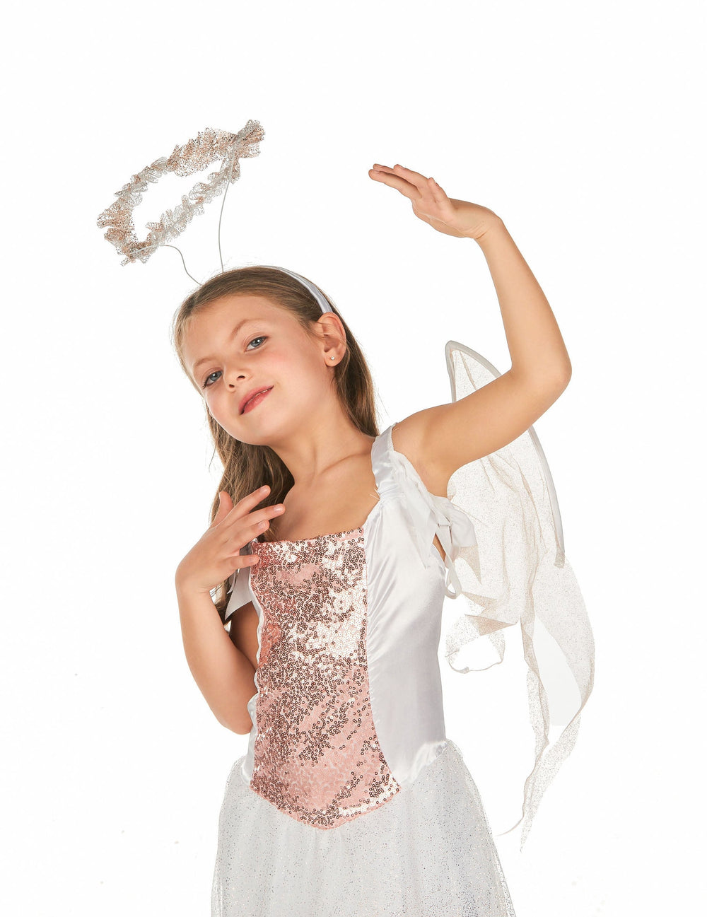 Gros plan sur le bustier et les ailes du déguisement d'ange pour fille rose gold