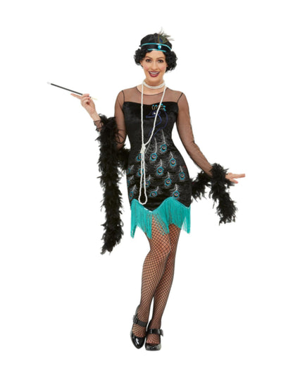 Déguisement années 20 paon pour femme noir avec motifs plumes et franges turquoises