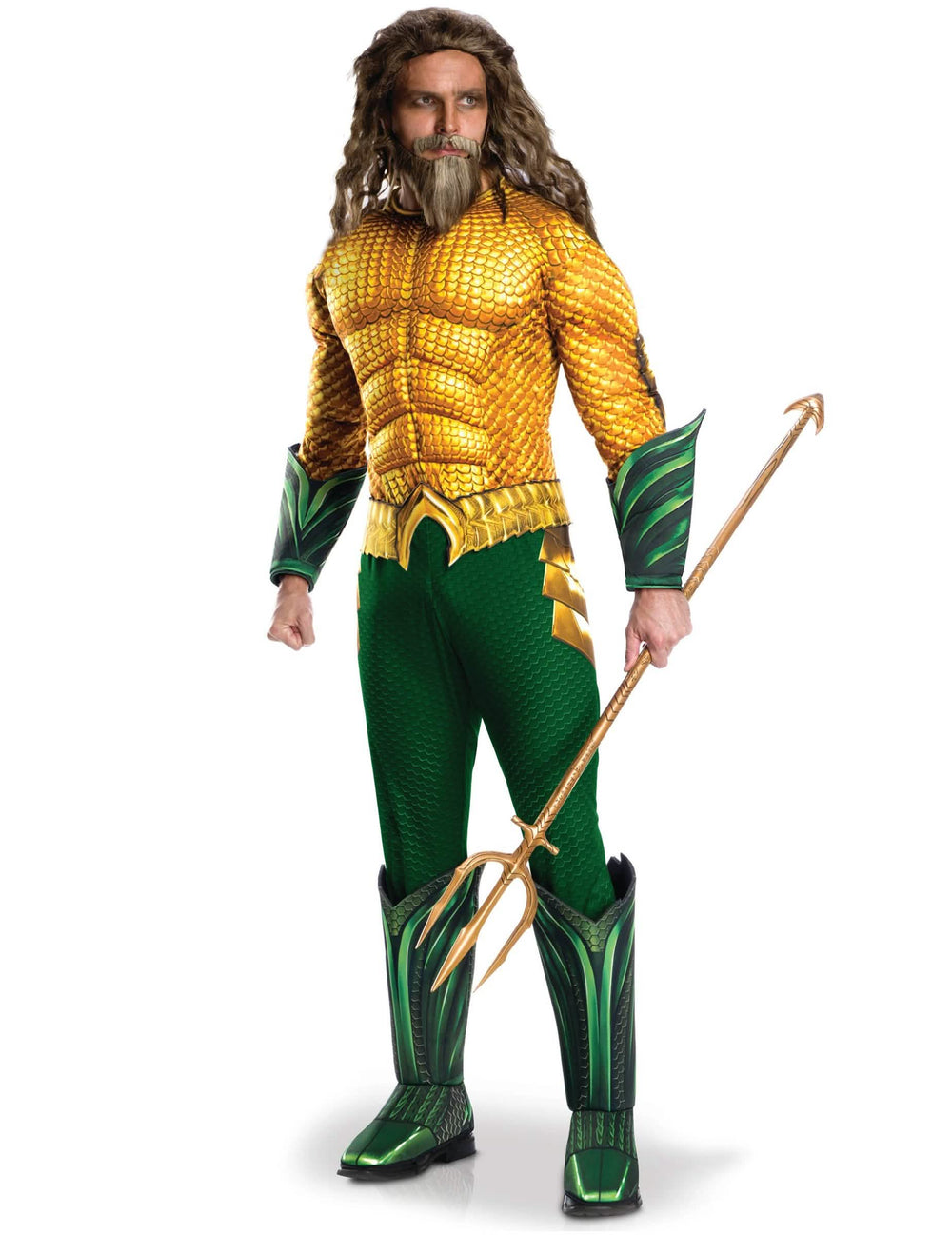 Aquaman™ felnőtt jelmez arany és zöld színben, háromágú szigonyjal