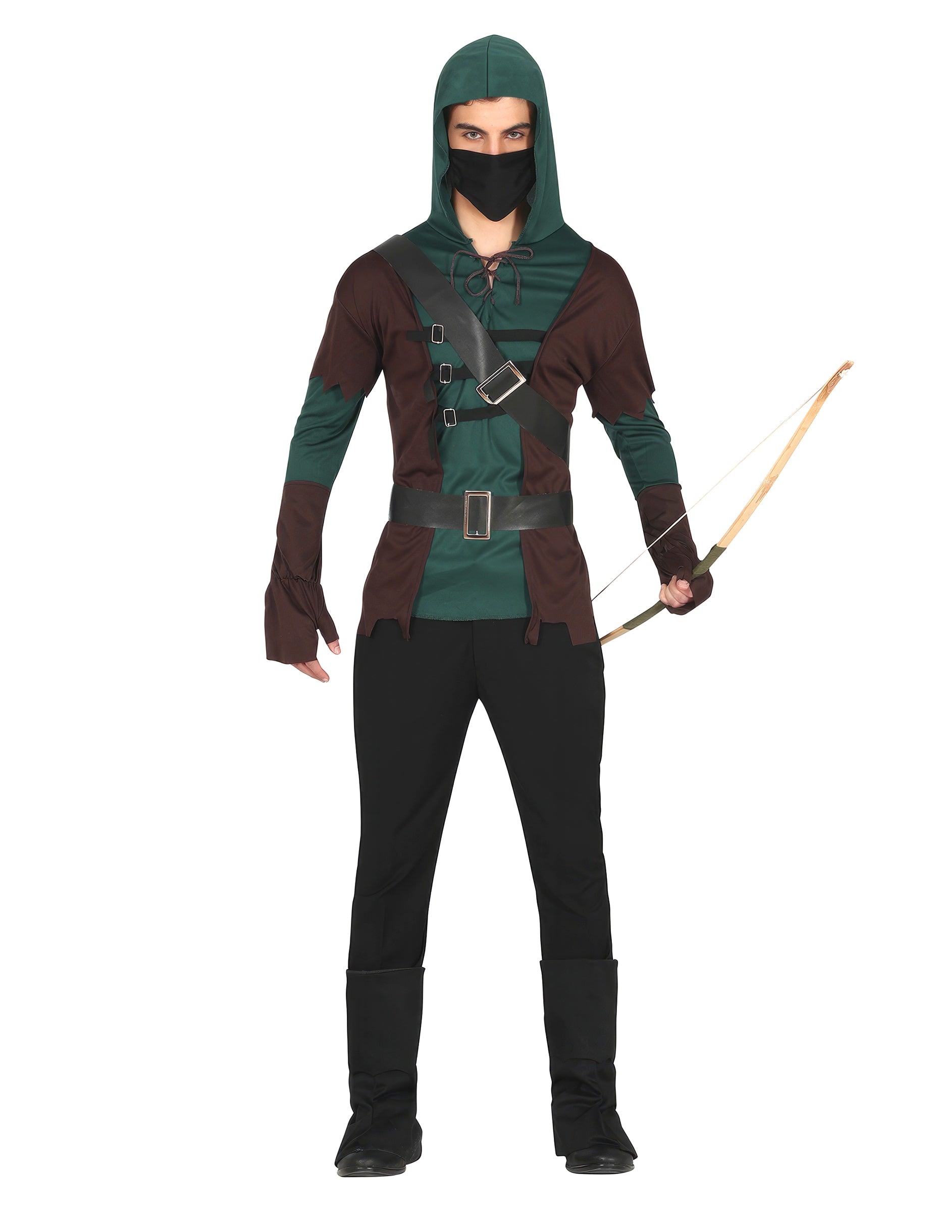 Vue de face avec l'arc du déguisement archer masqué