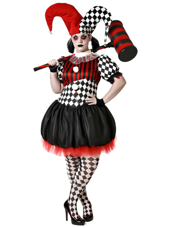 Ijesztő Harlequin jelmez a nők számára, plusz méret
