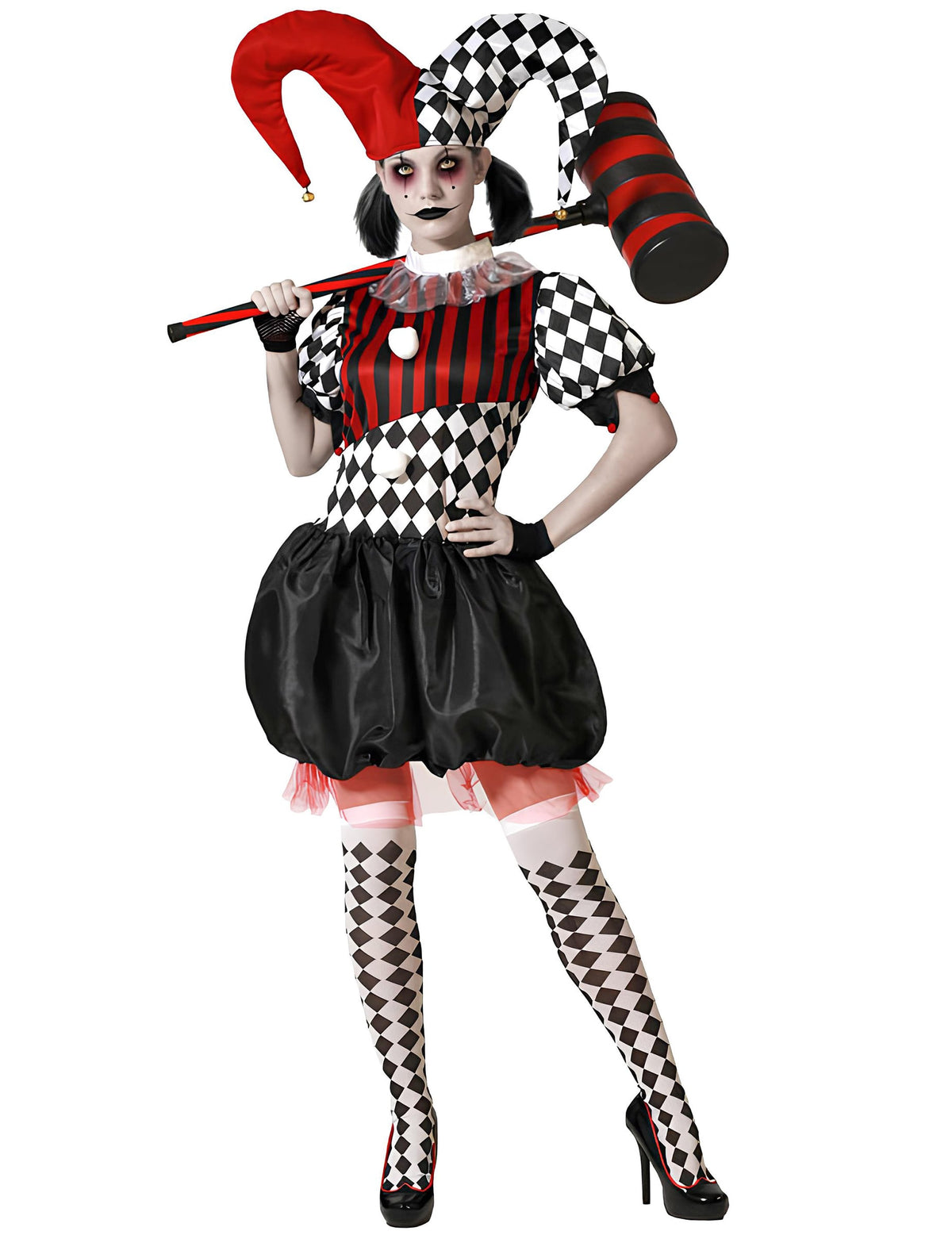 Déguisement d'arlequin effrayant pour femme rouge noir et blanc avec chapeau