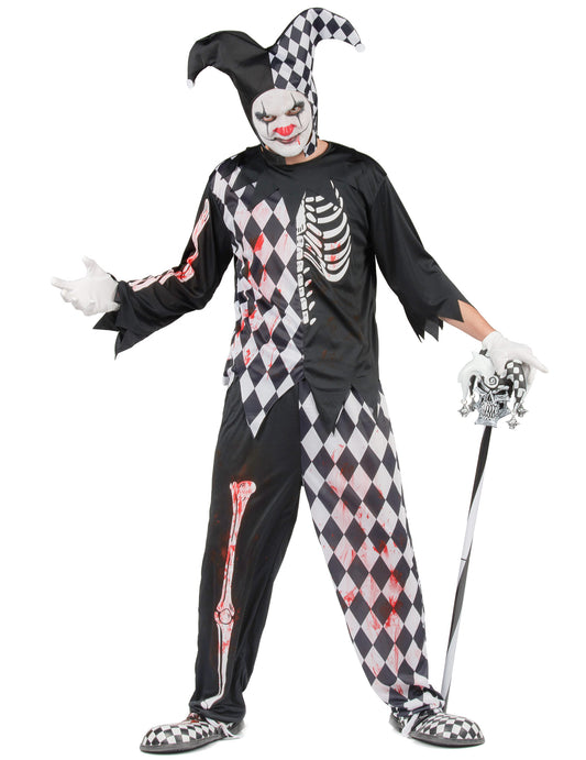 Déguisement arlequin ensanglanté pour homme noir et blanc avec motifs squelette