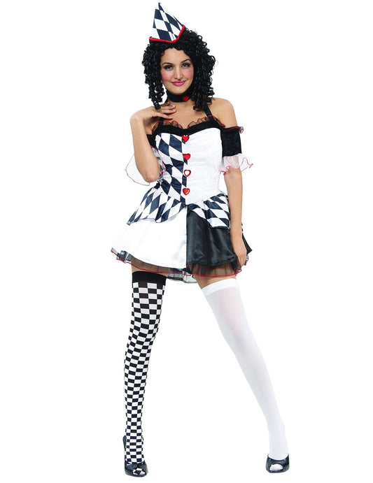 Déguisement arlequin sexy pour femme noir et blanc avec motifs losanges et cœurs rouges