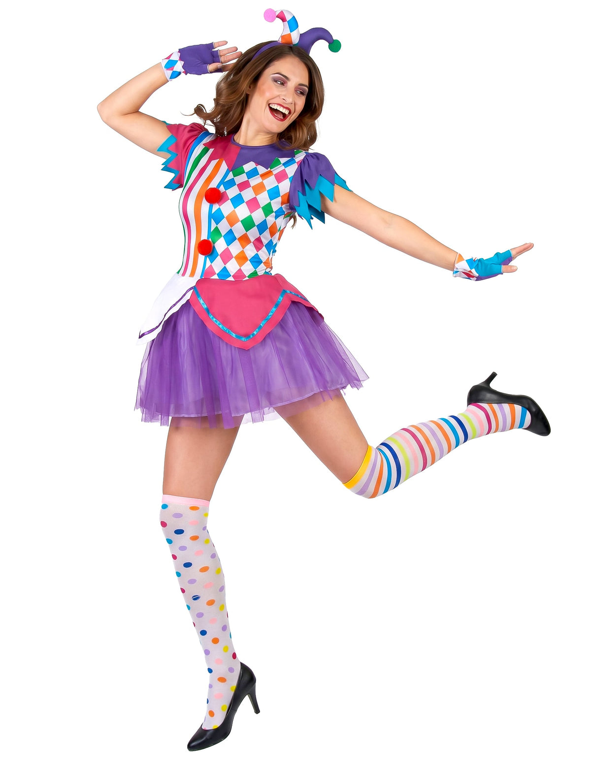 Harlequin jelmez színes pompoms nő