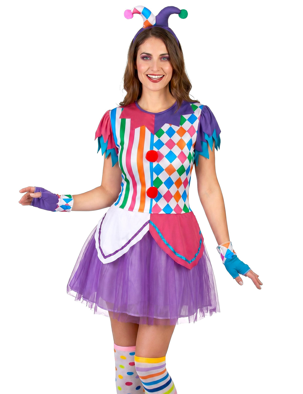 Harlequin jelmez színes pompoms nő
