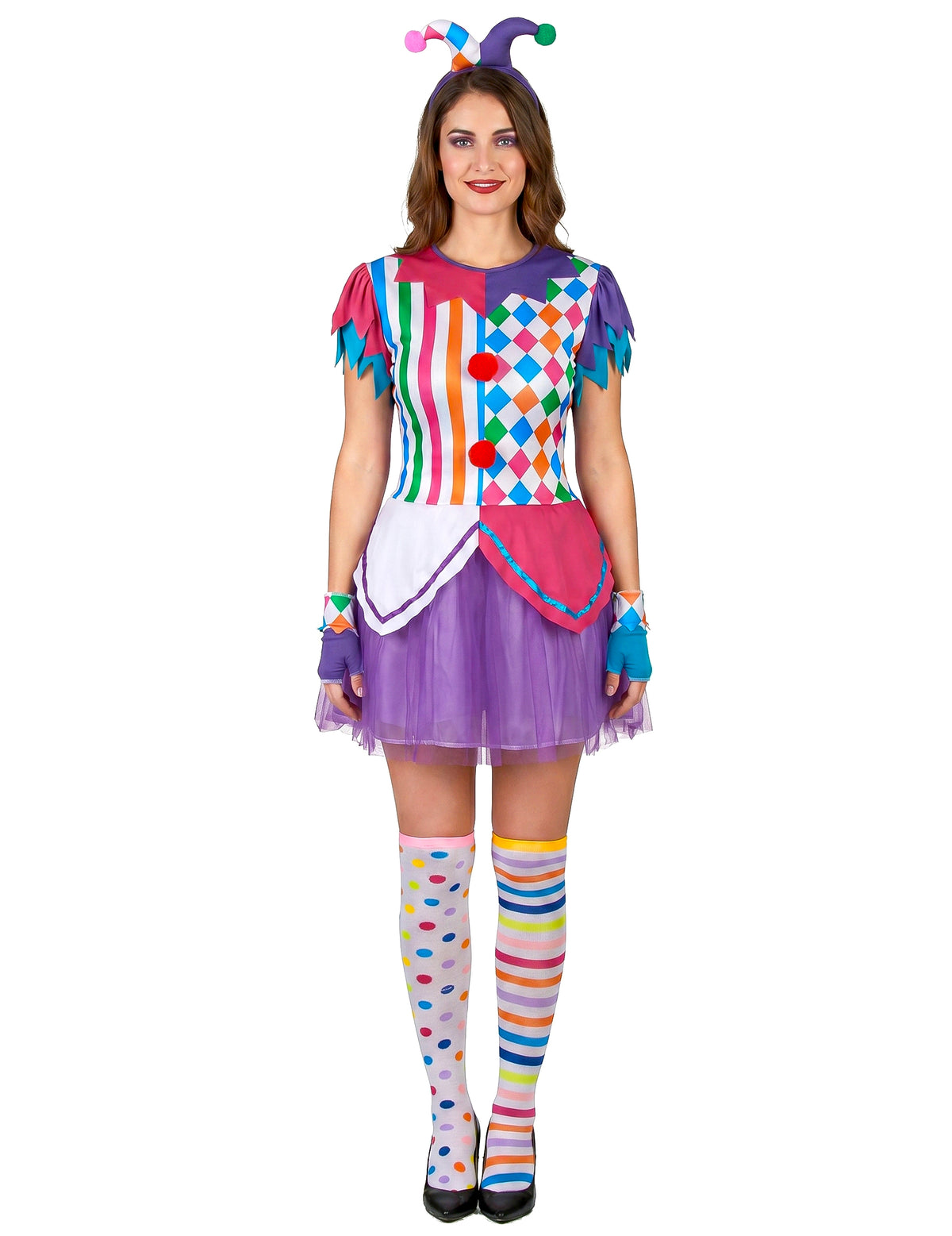Harlequin jelmez színes pompoms nő