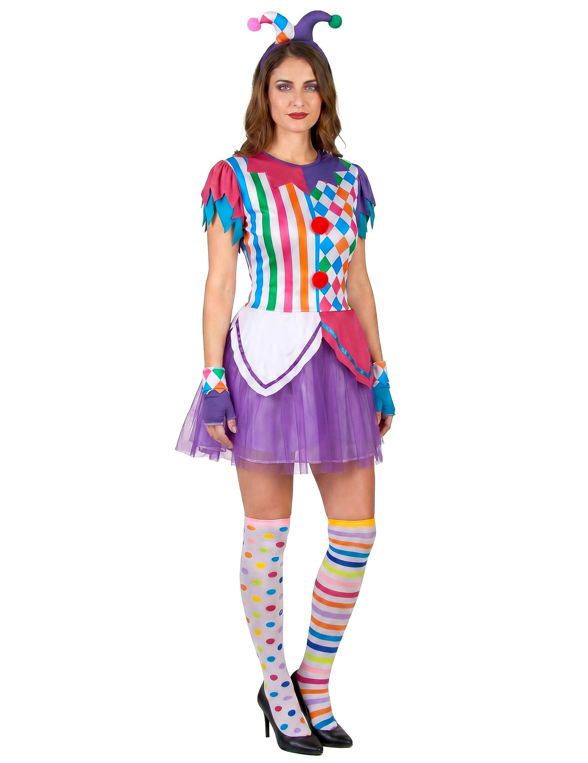 Harlequin jelmez színes pompoms nő
