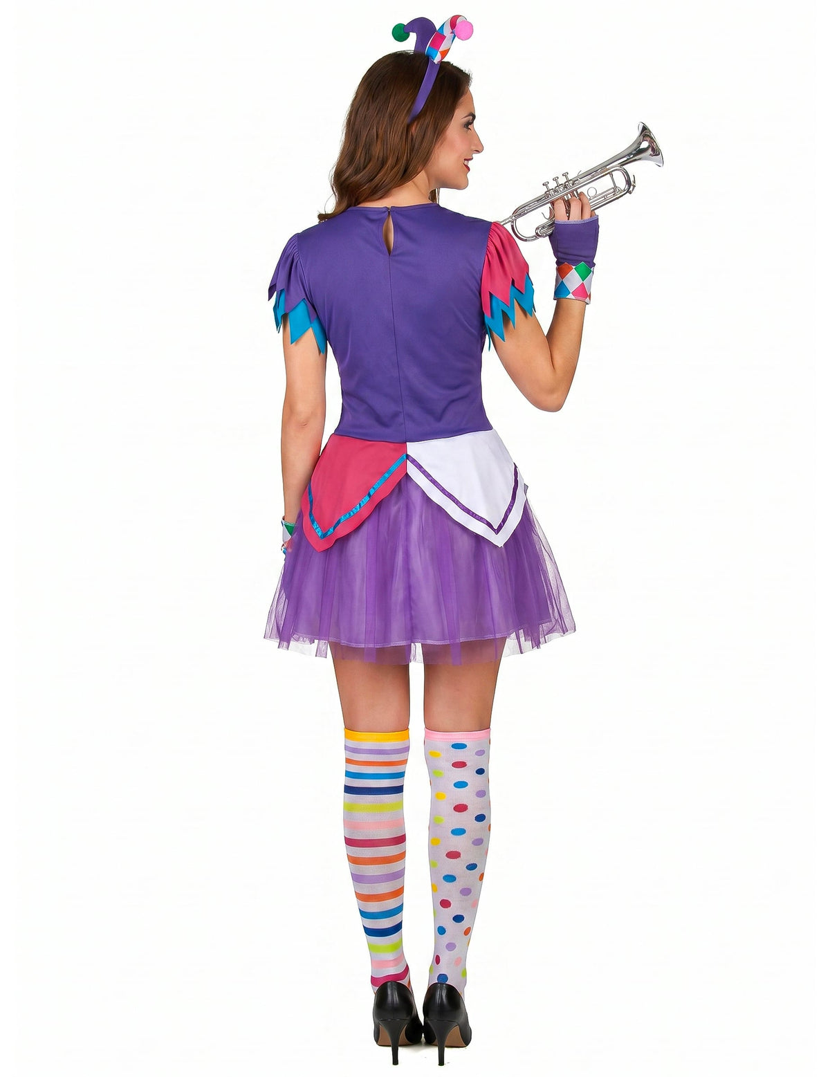 Harlequin jelmez színes pompoms nő
