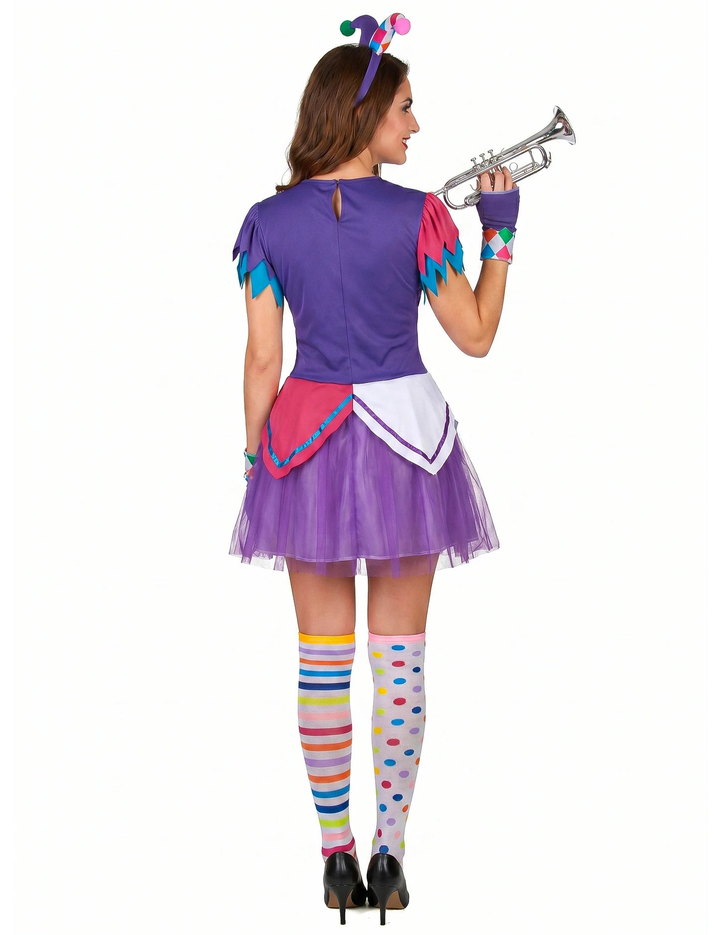 Harlequin jelmez színes pompoms nő