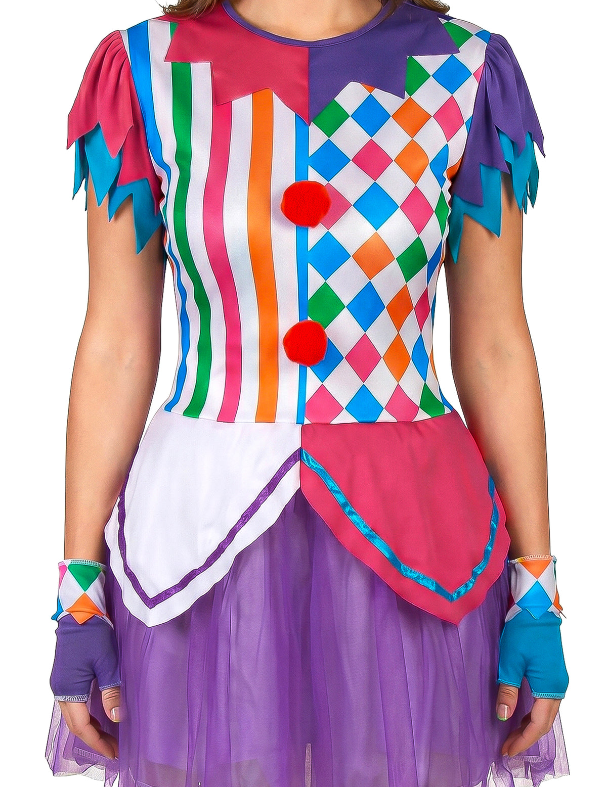 Harlequin jelmez színes pompoms nő