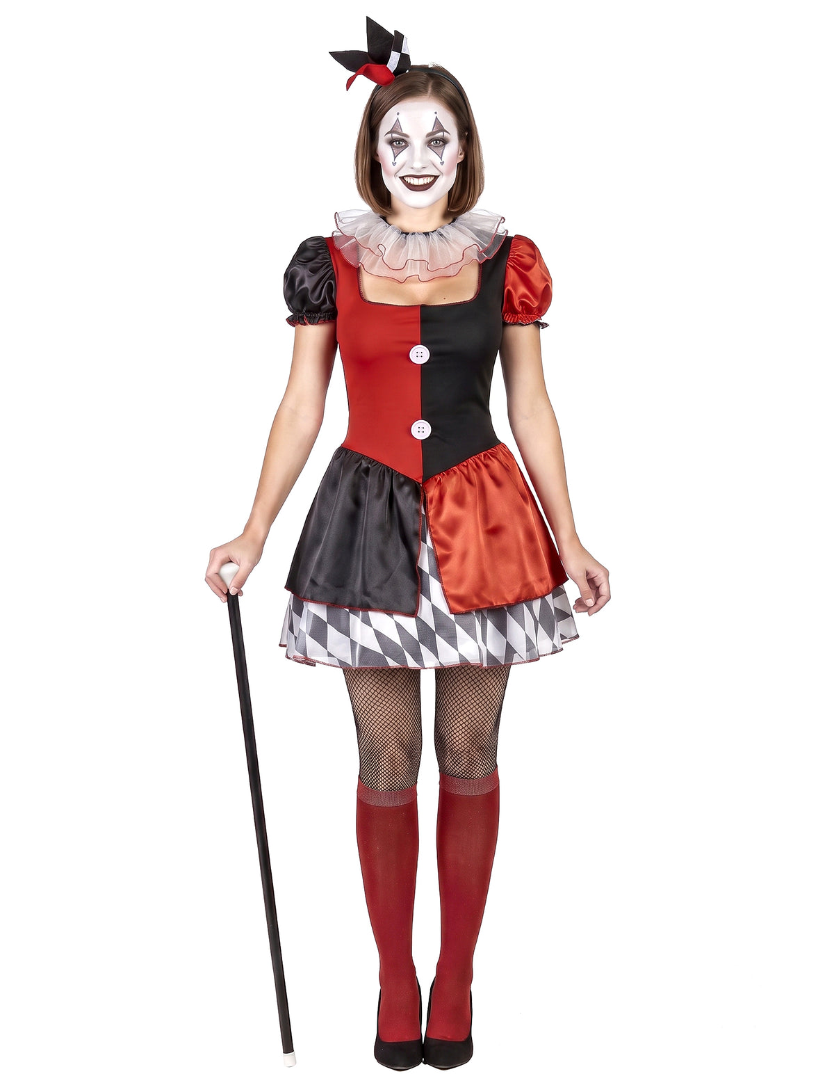 Piros és fekete harlequin jelmez nő